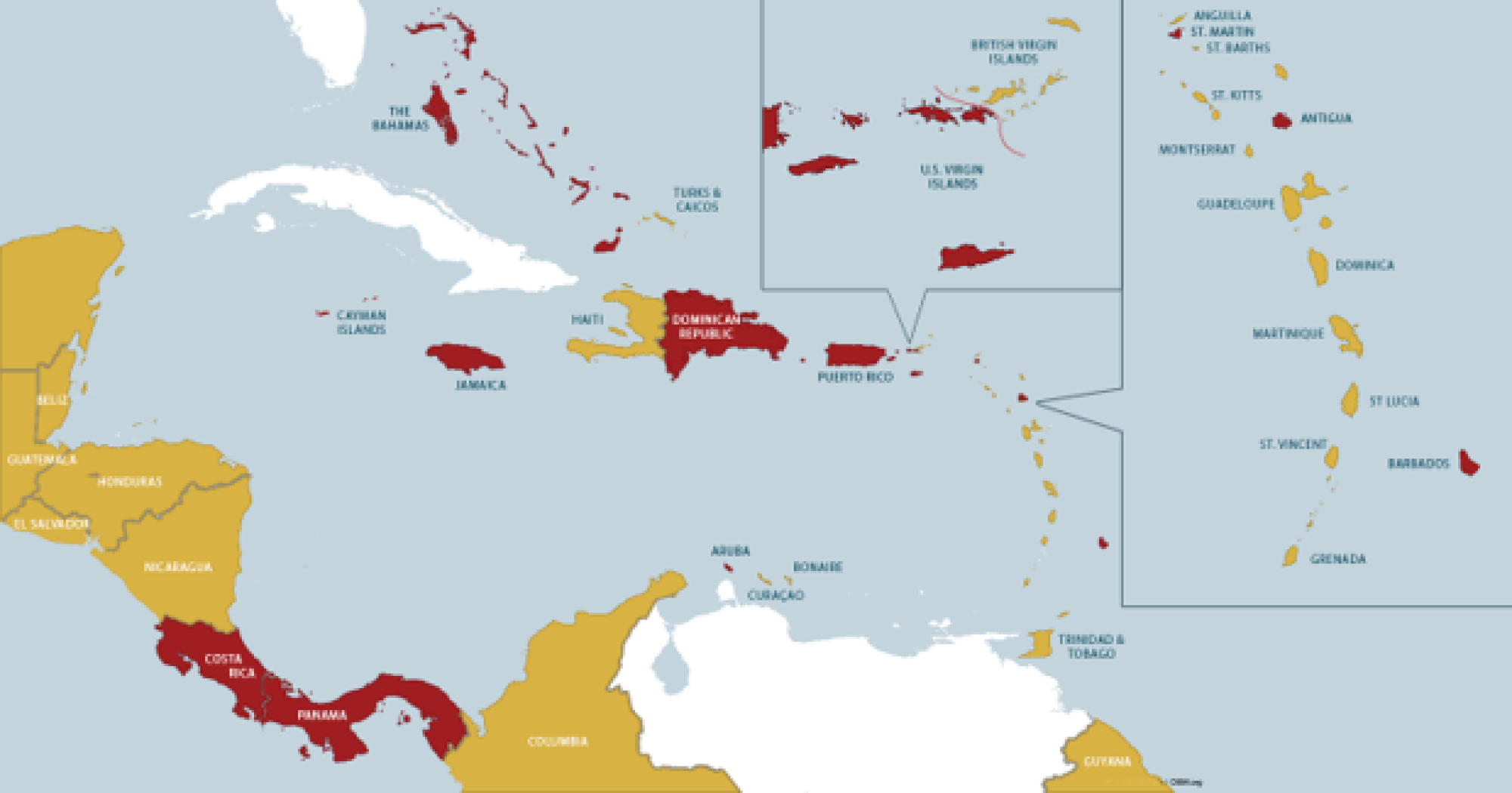 map of distribution in Caribbean and surrounding areas
